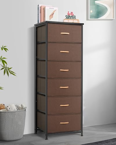 Mifuro Tall Dresser for Bedroom with 6 Drawers, Vertical Storage Organizer Tower, Chest of Drawers with Fabric Bins, Steel Frame, Wood Top for Bedroom, Closet, Entryway- Brown - color: Brown, size: 6 Medium Drawers