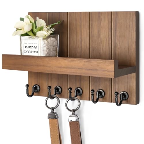 Rebee Vision Decorative Key Holder Wall Mount - Rustic Key Holder for Wall with Shelf and Mail Organizer for Living Room Decor - Home Essentials for Home Improvement (Brown, 3.54" x 10" x 7.28") - color: Brown, size: 10 Inch