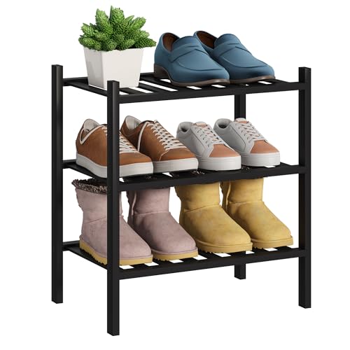 BMOSU 3-Tier Bamboo Small Shoe Rack Premium Stackable Shoe Shelf Storage Organizer for Hallway Closet Living Room Entryway Organizer (Black Bamboo) - color: Black Bamboo, size: Small-3-Tier（17*11*18.3inches）