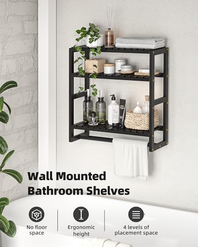 Galood Bathroom Shelves Towel Racks Over Toilet Storage with Towel Bar 3 Tier Floating Wall Mounted Space Saving Bamboo Paper Holder for Bathroom Laundry Room Kitchen Organizers (Black)