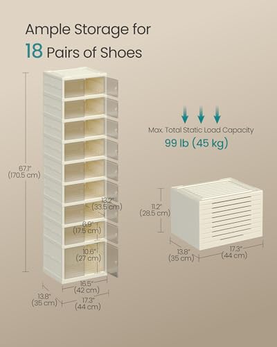 SONGMICS Foldble Shoe Storage Organizer for Closet, Stackable Sneaker Cabinet with Magnetic Door, Large Plastic Container Bins for Living Room, Entryway, 9-Tier for 18 Pairs, Cream White ULSP918WD01 - color: Cream White, size: 9 Tiers (18 Pairs)