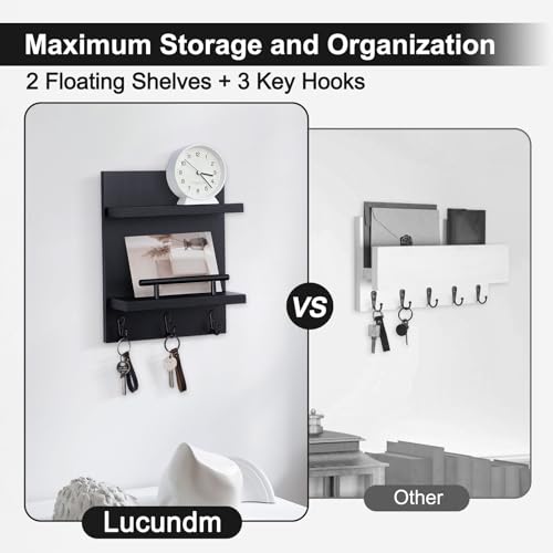 Key Holder Wall Mount, Mail Shelf Decor with 3 Key Hooks, Versatile Wood Wall Organizer for Entryway Hallway (8.2” x 10.6”x 3.6”) (Black) - color: Black
