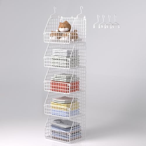 PUPPYCUTE Hanging Closet Organizer and Storage, Clothes Hanging Shelves Wire Baskets for Clothing Sweaters Purse Handbags Shoes White 5 Tier - size: For closet-5 pcs