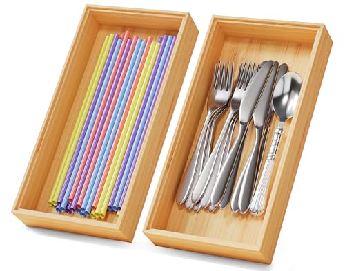 Bamboo Kitchen Drawer Organizer Boxes – 12" x 6" Stackable Wood Silverware Utensil Tray for Drawers Bins, Cutlery & Flatware Storage – Wooden Organizers Set of 2 for Junk Drawer, Bathroom, RV - size: 12" x 6" x 2"