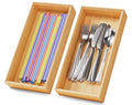 Bamboo Kitchen Drawer Organizer Boxes – 12" x 6" Stackable Wood Silverware Utensil Tray for Drawers Bins, Cutlery & Flatware Storage – Wooden Organizers Set of 2 for Junk Drawer, Bathroom, RV - size: 12" x 6" x 2"
