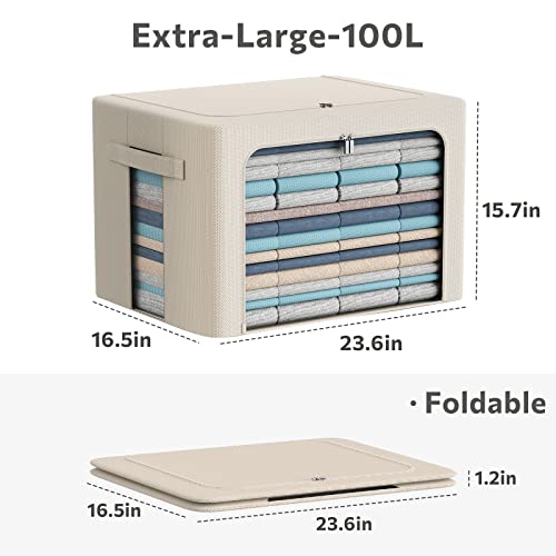 CYhom 3Pack Frame Storage Box - Clothes Storage Bin Bags Oxford Fabric Foldable Stackable Container Organizer Set with Clear Window & Carry Handles Large Capacity (Beige, Extra Large-100L) - color: Beige, size: Extra Large-100L