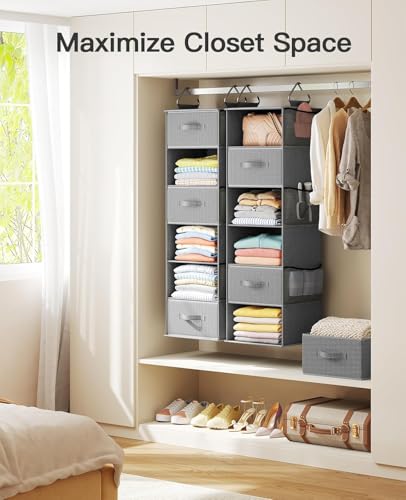 Pipishell Hanging Closet Organizer 6-Shelf, Hanging Shelves for Closet with 3 Removable Drawers & Side Pockets for Bedroom, Garment Rack and Wardrobe Organization, 12' x 12' x 43.3', Dark Gray - color: Grey