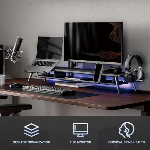 Fenge Dual Monitor Stand, Monitor Riser for 2 Monitors with Adjustable Laptop Riser , 42.5 Inch Desk Shelf for Top of Desk with Phone Holder& Headphone Stand - color: Black