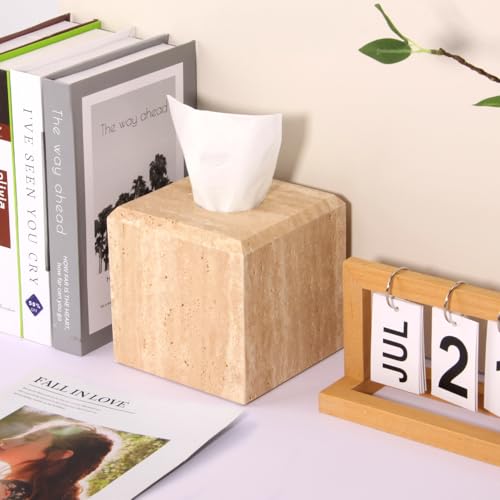 Natural Marble Square Tissue Box Cover,Stone Modern Decorative Sturdy Napkin Box Holder Case,Facial Paper Organizer for Bathroom Vanity Toilet Countertop,Kitchen (1, Travertine, 5.71 * 5.71 * 5.51) - color: Travertine