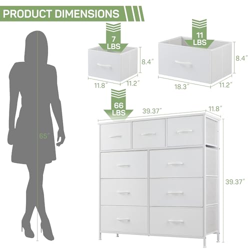 Dresser for Bedroom, 9 Storage Drawers, Anti-Tip Tall Fabric Closet Chests Organizer Tower Furniture with Wooden Top Metal Frame for Clothes, Living Room, Hallway, Entryway