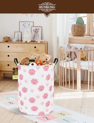 Collapsible Fabric Storage Basket, Waterproof Laundry Hamper with Handles, Round Storage Bin for Clothes Toys, Foldable Organizer for Bedroom Nursery Bathroom(Round-Pink Paw) - color: Round-Pink Paw