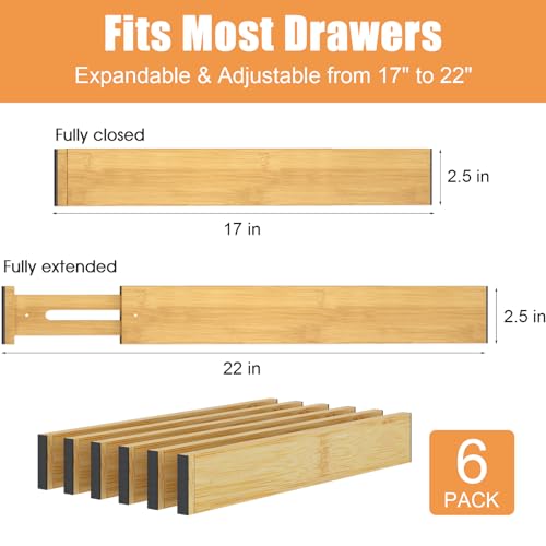 Bamboo Drawer Dividers,17-22" Adjustable Kitchen Drawer Organizer for Clothes,6 Pack Expandable Drawer Organization Separators for Bedroom,Bathroom,Dresser and Office,Natural - color: Bamboo-6Pack, size: 17-22 IN