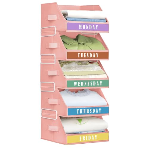 Homsorout Closet Organizers and Storage - 5 Tier Shelf Organizer with Weekly Labels, Stackable Storage Bins with Metal Frame, Foldable Cube Bins, Home Baskets for Kids and Adults, Pink - color: Pink