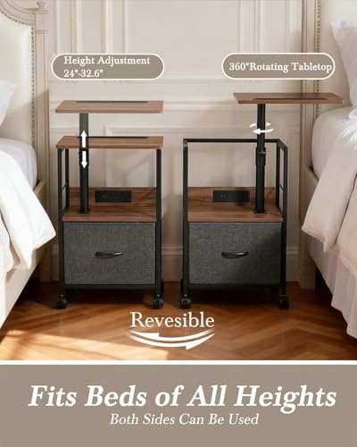 Faesun Swivel Lift Top Nightstand with Charging Station, Rolling Side Table for Recliner, Bedside Table with Wheels & a Fabric Drawer, for Small Spaces, for Bedroom, Living Room, Walnut Gray - color: Walnut Gray, size: 1 Drawer