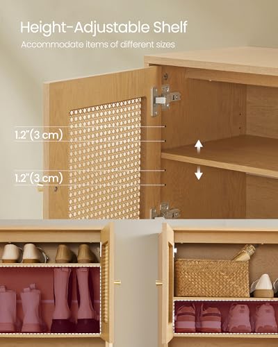VASAGLE Natural Rattan 3-Tier Shoe Cabinet, 16 Pair Shoe Storage Cabinet, Boho Style Shoe Organizer with Height-Adjustable Shelves and Steel Legs, for Entryway, Closet, Hallway, Oak Beige ULBC049N01 - color: Oak Beige, size: 13.8"D x 31.5"W x 27.6"H-3-Tie