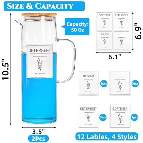 Noamus 2 Pack Laundry Detergent Dispenser Set, 50oz Fabric Softener Storage Bottle with Bamboo Lid Handle&12 Labels, Glass Liquid Detergent Container for Farmhouse Laundry Room Decor Organization
