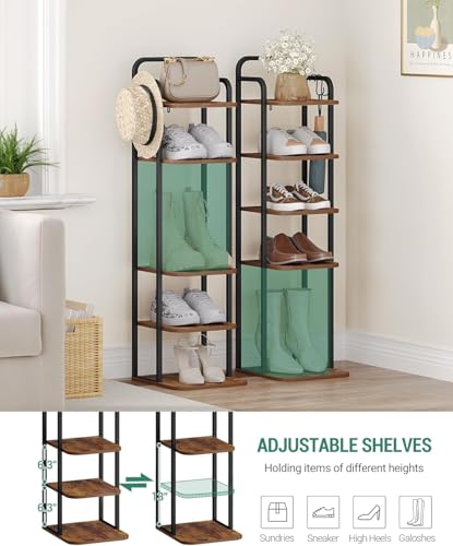 Hzuaneri 6 Tiers Vertical Shoe Rack, Narrow Shoe Tower, Tall Shoes Shelf with 2 Hooks, Adjustable Shelves, Corner Shoes Shelves for Small Spaces, Entryway, Living Room, Rustic Brown SR04201B - color: Rustic Brown and Black, size: 6 Tier(11.8"D x 10.4"W x