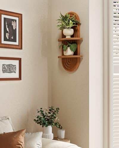 Bamworld Plant Wall Shelf Boho Wall Decor Brown Hanging Plant Shelf Mid Century Modern Decor 2-Tier Wooden Floating Shelves for Home, Bathroom Living Room Office Holding Planter Decoration, 1Pcs - color: Brown - Matte, size: 16.7'' -1 Pcs