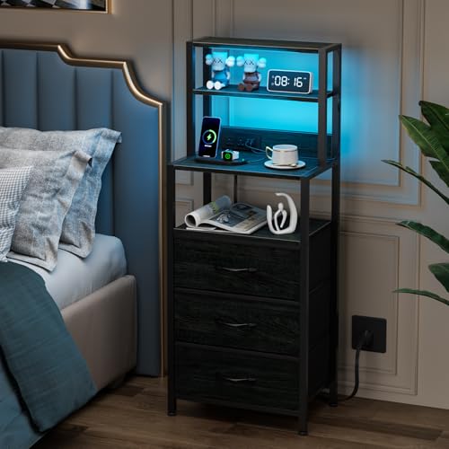 Furnulem Night Stand, Tall Nightstand with 4-Tier Shelves and 3 Fabric Drawers, LED Bed Side Tables with Charging Station, Bedside Table for Bedroom, Hallway, Home Office, Black Oak - color: Black Oak, size: 3 Drawer