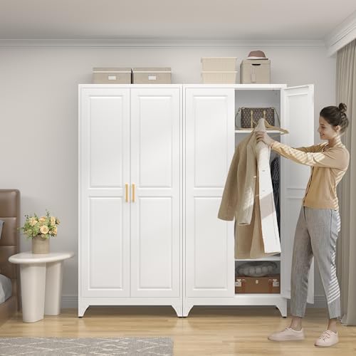 UNICOLY Armoire Wardrobe Closet with Doors, 71'' Wardrobe Cabinet with Hanging Rod, Metal Closet with 2 Adjustable Shelves for Bedroom School, Employee, Gym, Armarios De Ropa para Dormitorio, White - color: White, size: 71 Inch square-J with 0 Drawers