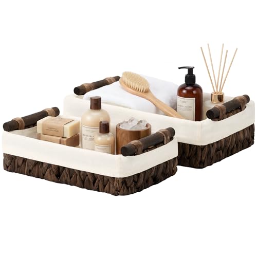 StorageWorks Small Baskets for Organizing with Wooden Handles and Liner, Wicker Toilet Paper Baskets for Back of Toilet Basket, Brown Water Hyacinth Bathroom Basket Organizer and Storage, 2 Pack - color: Brown (Water Hyacinth), size: 12"L x 7¾"W x 3¼"H +