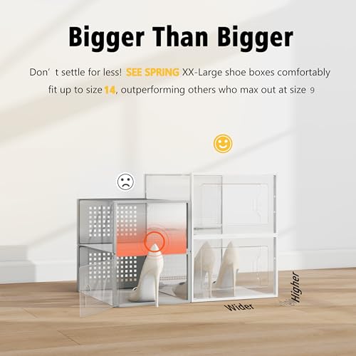 SEE SRPING XX-Large Shoe Storage Box Fit Size 14, Clear Plastic Stackable Shoe Organizer for Closet, Shoe Rack Sneaker Containers Bins Holders, Drawer Organize Unit, 12 Pack Clear - color: Clear, size: XX-Large Fit Size 14