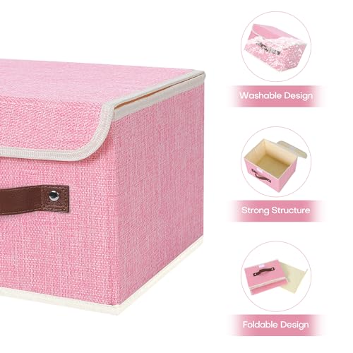 ANMINY Storage Bin with Lid Storage Boxes with PU Leather Handles PP Plastic Board Decorative Foldable Lidded Cotton Linen Fabric Home Cubes Baskets Closet Organizer Container - Pink, Small Size - color: Pink, size: Small (Pack of 1)