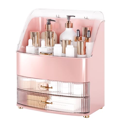 Makeup Organizer Countertop Vanity with Transparent Lid Drawers Waterproof Dustproof Cosmetic Skincare Bathroom Storage Gift for Women Teens Girls (Pink) - color: Pink