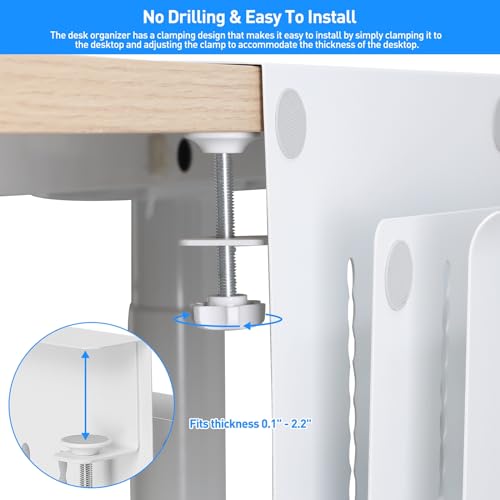 MAXECHO Desk Side Storage, Under Desk Laptop Mount, Table Side Hanging File Organizer, No Drill Clamp On Cable Management Tray, Laptop Holder with Magnetic Pen Holder for Office and Home, Load 22 Lbs - color: White, size: Double-deck with Pen Holder