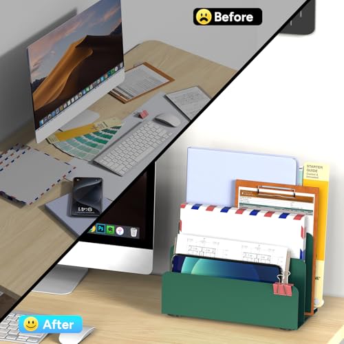 Mail Organizer Countertop, Small Desk File Organizer, Metal File Holder - Essential Workspace Organizers for Office Desk, Home Office (Green) - color: Green
