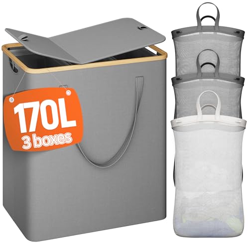 170L Laundry Hamper with Lid 3 Section, Extra Large Laundry Basket with 3 Removable Bags, Laundry Basket Organizer for Bedroom, Laundry Room, Dorm, Clothes Hamper, Grey - color: Grey, size: 170L