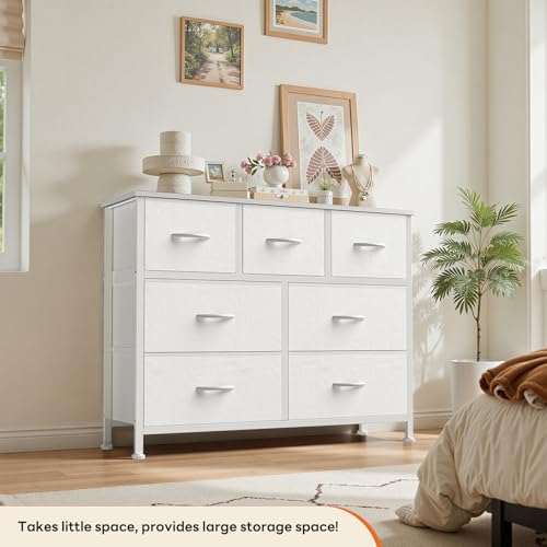 Sweetcrispy 7 Drawer Dresser with Fabric Bins Fabric Storage Tower Organizer for Bedroom Closet Hallway Entryway Tall Chest of Drawers with Steel Frame Wood Top Easy Pull Handles,White - color: White, size: 11.8"D x 39.3"W x 30.3"H (7 Drawers)