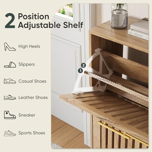 Smart FENDEE Shoe Cabinet with 2 Flip Slatted Drawers, Farmhouse Slim Shoe Organizer Rack with Golden Handles, Freestanding Hidden Entryway Storage for Hallway, Natural Oak - color: Natural Oak, size: 23.62" W