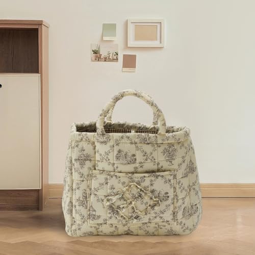 Quilted Fabric Storage Basket with Handles & Pocket, Foldable Laundry Hamper Boho Floral Print Organizer Bin for Home, Picnic, Office 12"x10"x10" (B-1) - color: B-1