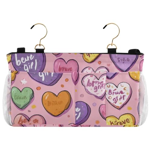 Bedside Caddy Metal Frame Hanging Organizer Bunk Bed Dorm Accessories Hook And Loop Storage Bag Large Pockets Be Brave Girl Hearts Stars Dots - color: Be Brave Girl Hearts Stars Dots