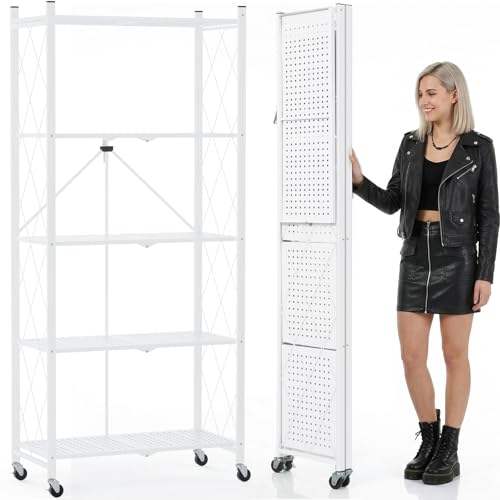 DEANIC 70.7" Tall Extra Large 5-Tier Folding Storage Shelf with Wheels, No Assembly Collapsible Metal Rack with Leveling Feet for Garage, Pantry, Basement, Vendor Display, Kitchen(White,1 Pack) - color: White