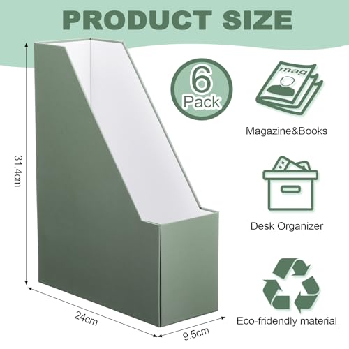 Feifeiya Magazine File Holder Set of 6 Stylish Sturdy Cardboard File Boxes Desk Organizer Beautiful Magazine Holder Rack with Gold Label Holder for Home Office Desktop Bookshelf Classroom(Sage Green) - color: sage green