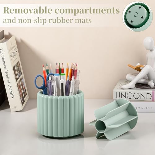 Anyoifax 360° Rotating Pen Holder 8 Slots Desk Organizer with Drawer Removable Pencil Cup Plastic Art Supplies and Accessories Desktop Storage Box Caddy for Office, School, Home (Green) - style: Stripe Green