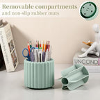 Anyoifax 360° Rotating Pen Holder 8 Slots Desk Organizer with Drawer Removable Pencil Cup Plastic Art Supplies and Accessories Desktop Storage Box Caddy for Office, School, Home (Green) - style: Stripe Green