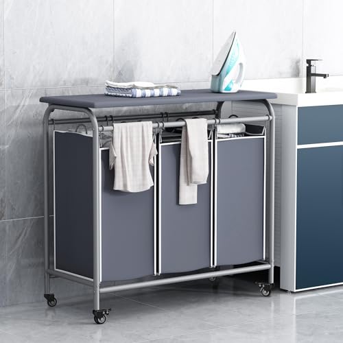 LINZINAR 3 Bag Laundry Basket Sorter Heavy Duty Rolling Lockable Wheels Laundry Hamper Cart with Ironing Board and Removable Bags, Grey - size: 3 Bags Grey with Board