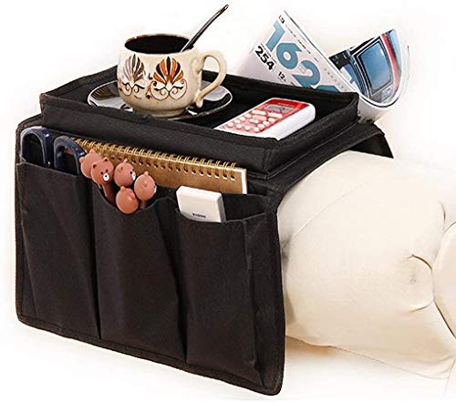 Sofa Armrest Organizer with Cup Holder Tray 6 Pockets TV Remote Control Organizer Sofa Couch Armchair Caddy Organizer Tidy Pocket Hanging Storage Bag Holder for Cellphone Magazine Drinks Snacks Black - color: Black