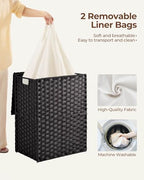 Greenstell Laundry Hamper with 2 Removable Liner Bags, Foldable Divided Clothes Hamper, 90L Handwoven Synthetic Rattan Laundry Basket with Lid and Handles, Easy to Install Black 18.3x13.3x24 Inches - color: Black, size: 90L (18.3x13.3x24.0 Inches)
