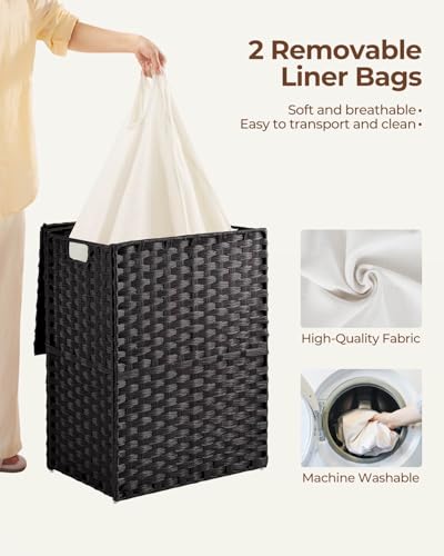 Greenstell Laundry Hamper with 2 Removable Liner Bags, Foldable Divided Clothes Hamper, 90L Handwoven Synthetic Rattan Laundry Basket with Lid and Handles, Easy to Install Black 18.3x13.3x24 Inches - color: Black, size: 90L (18.3x13.3x24.0 Inches)