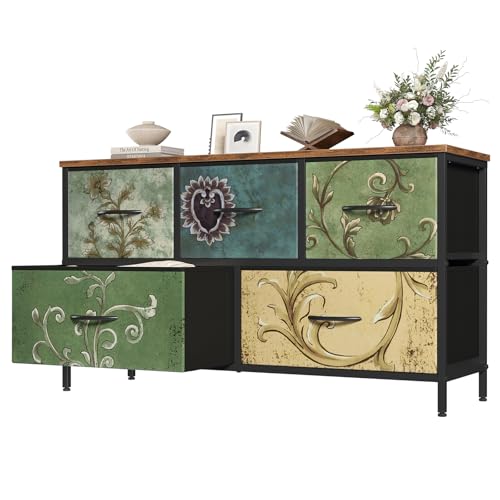 OLIXIS Dresser for Bedroom with 5 Drawers, Wide Chest of Drawers, Fabric Bedroom Dresser with Drawer Organizer, Storage Organizer Unit with Fabric Bins for Closet, Living Room, Hallway, Flower - color: Flower, size: 11.9"D x 38.1"W x 20.9"H (5 Drawers)