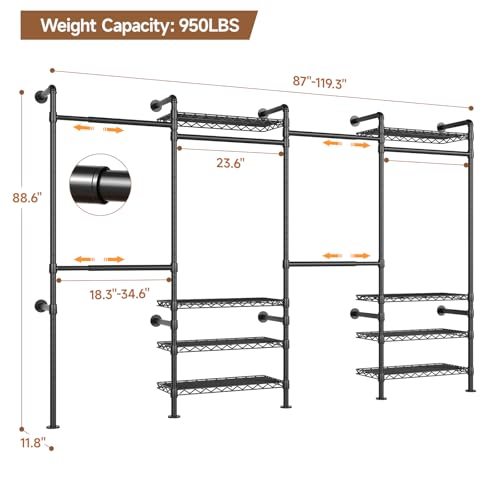 ComfyCorner Wall Mounted Garment Rack, Industrial Pipe Metal Clothing Rack with 6 Hanging Rods (4 Expandable) & 8 Shelves, Closet Organizers and Storage System for Bedroom, Walk in Closet - color: Black