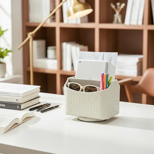 UnionBasic Rotating Desk Organizer, 360 Desk Spinning Caddy, Desktop TV Guide/Mail/Media/Remote Controller Holder Organizer, Woven Beige - color: Woven Beige