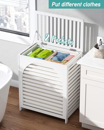White Laundry Hamper, Laundry Hamper with Lid, 27.3 Gallon (103L) Bamboo Wood Clothes Laundry Basket with Lid and Handles, Removable Liner - color: White, size: Extra Large