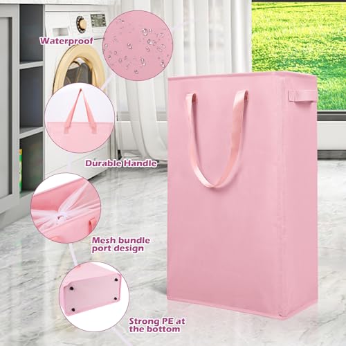 Odonata Slim Laundry Hamper Handles Collapsible Laundry Basket Thin Dirty Clothes Basket Narrow Laundry Bag Foldable Dirty Hamper 45L (Pink) - color: Pink