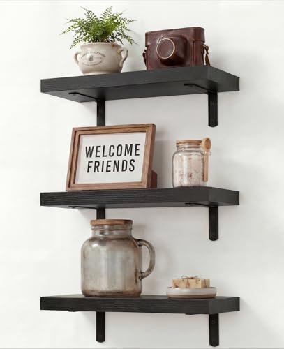 Easy Install Wall Shelves with Bracket,15.7Inch Wall Mounted Wood Floating Wall Shelves,Small Wall Shelves for Storage&Wall Decor, Living Room, Kitchen, Office,Corner Shelf for Bathroom,Set of 3,Black - color: Black L-bracket