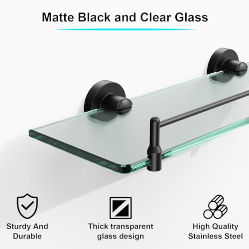 Glass Bathroom Shelves,Matte Black Floating Shelves for Wall Rectangular Modern Stainless Steel Glass Shelf for Bathroom Shelves Wall Mounted 16 Inch - color: Matte Black, size: 16"with railing